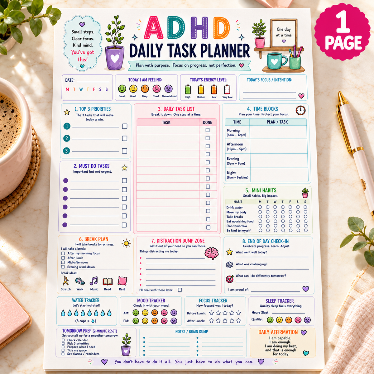 EveryLittleStepCo ADHD Daily Task Planner — Separate Hero. One-page A4 printable; digital download.