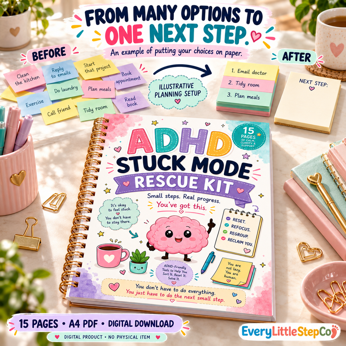 EveryLittleStepCo ADHD Stuck Mode Rescue Kit — 21. 15 A4 pages including cover; digital download.