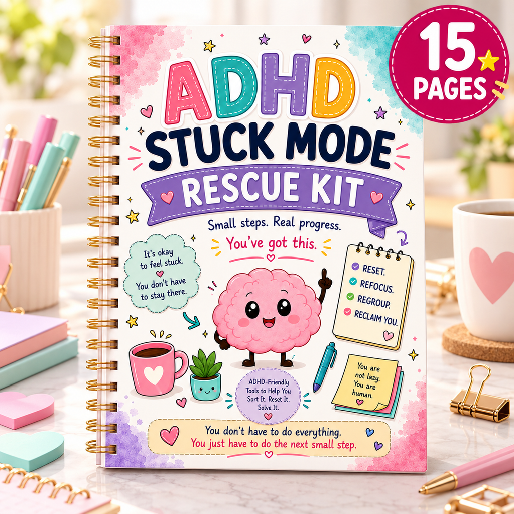 EveryLittleStepCo ADHD Stuck Mode Rescue Kit — Separate hero. 15 A4 pages including cover; digital download.