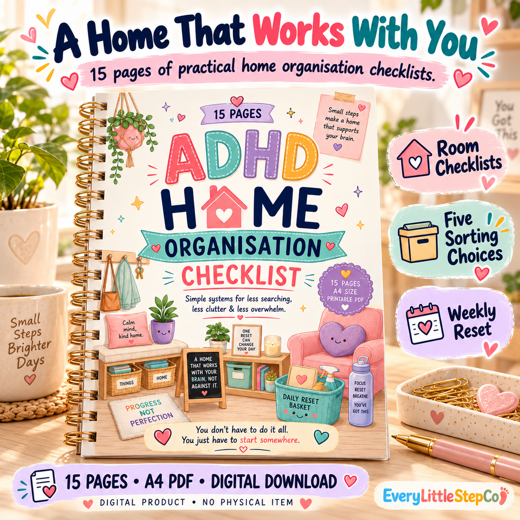 EveryLittleStepCo ADHD Home Organisation Checklist — Main Product Hero. 15 A4 PDF pages including cover; digital download.