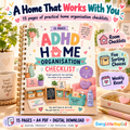 EveryLittleStepCo ADHD Home Organisation Checklist — Main Product Hero. 15 A4 PDF pages including cover; digital download.