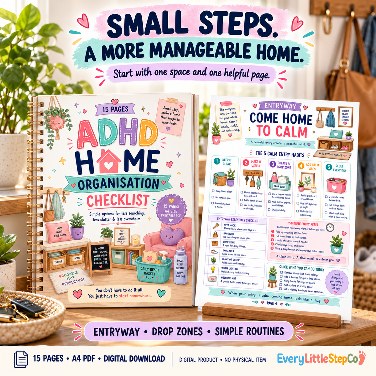 EveryLittleStepCo ADHD Home Organisation Checklist — Lifestyle Hero. 15 A4 PDF pages including cover; digital download.