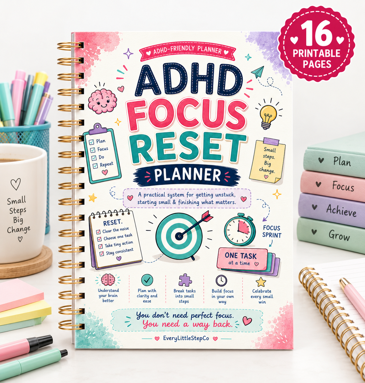 ADHD Focus Reset Planner bundle shown in a binder; 16 total A4 printable pages including the cover. Binder and props not included.