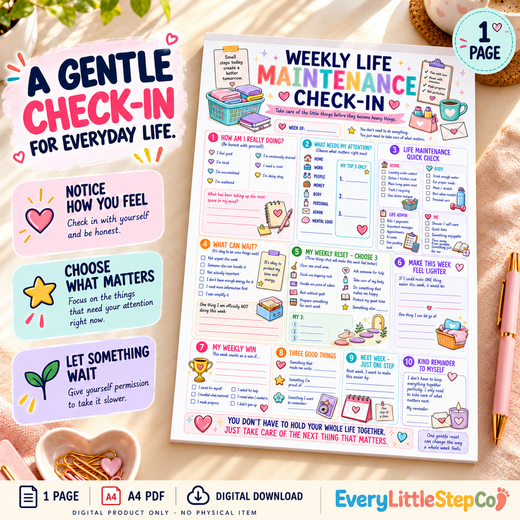 EveryLittleStepCo Weekly Life Maintenance Check-In, one A4 printable worksheet, Lifestyle Hero; digital product only