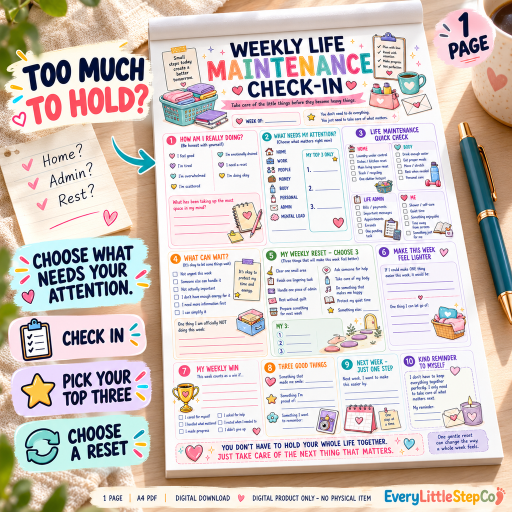 EveryLittleStepCo Weekly Life Maintenance Check-In, one A4 printable worksheet, Problem to Solution; digital product only