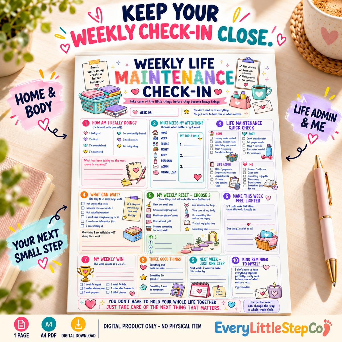 EveryLittleStepCo Weekly Life Maintenance Check-In, one A4 printable worksheet, Premium Writing Pad Feature; digital product only