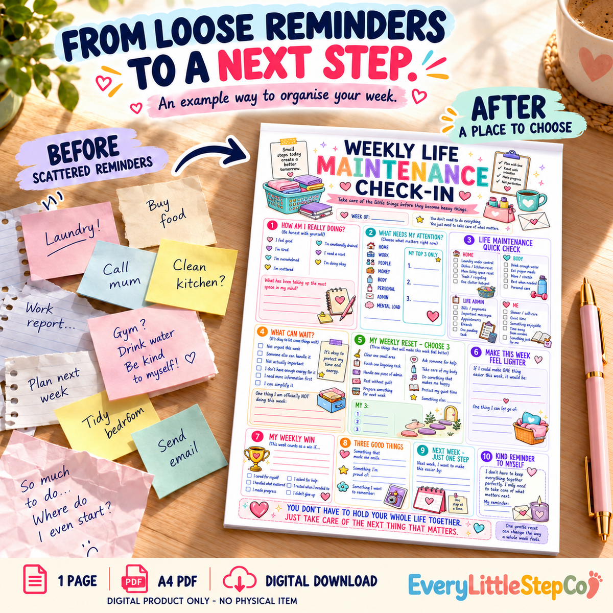 EveryLittleStepCo Weekly Life Maintenance Check-In, one A4 printable worksheet, Before After Transformation Master; digital product only