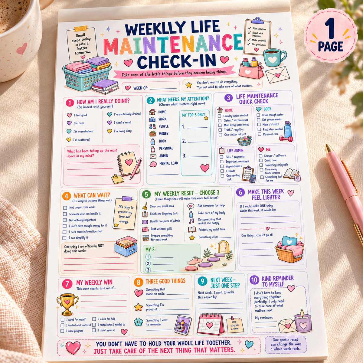 EveryLittleStepCo Weekly Life Maintenance Check-In, one A4 printable worksheet, writing-pad hero; digital product only
