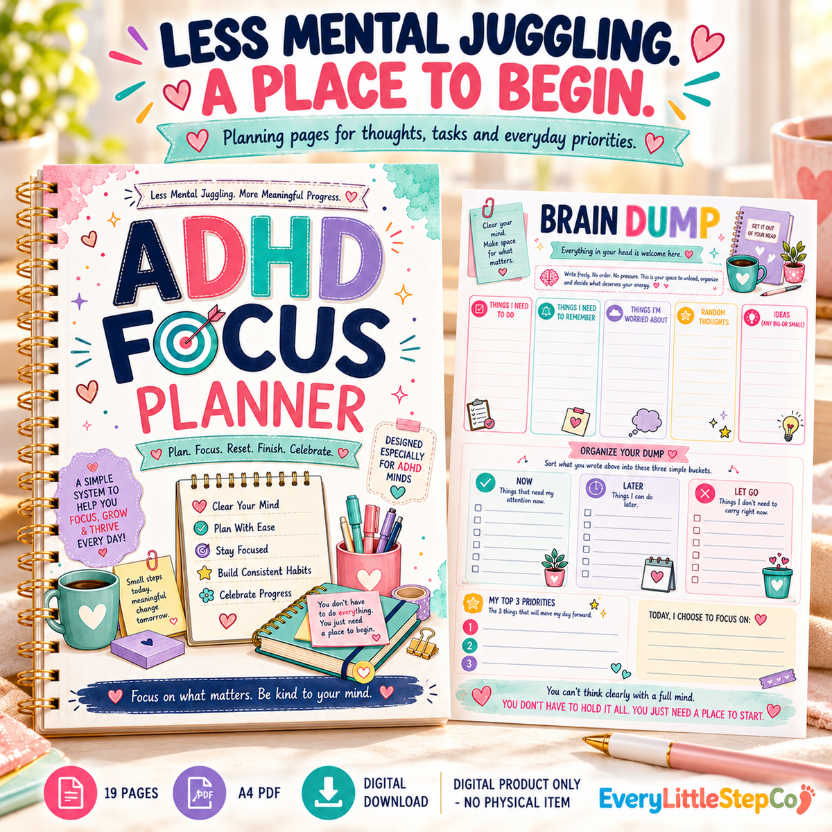 EveryLittleStepCo ADHD Focus Planner, 19 A4 printable pages, Main Product Hero; digital product only