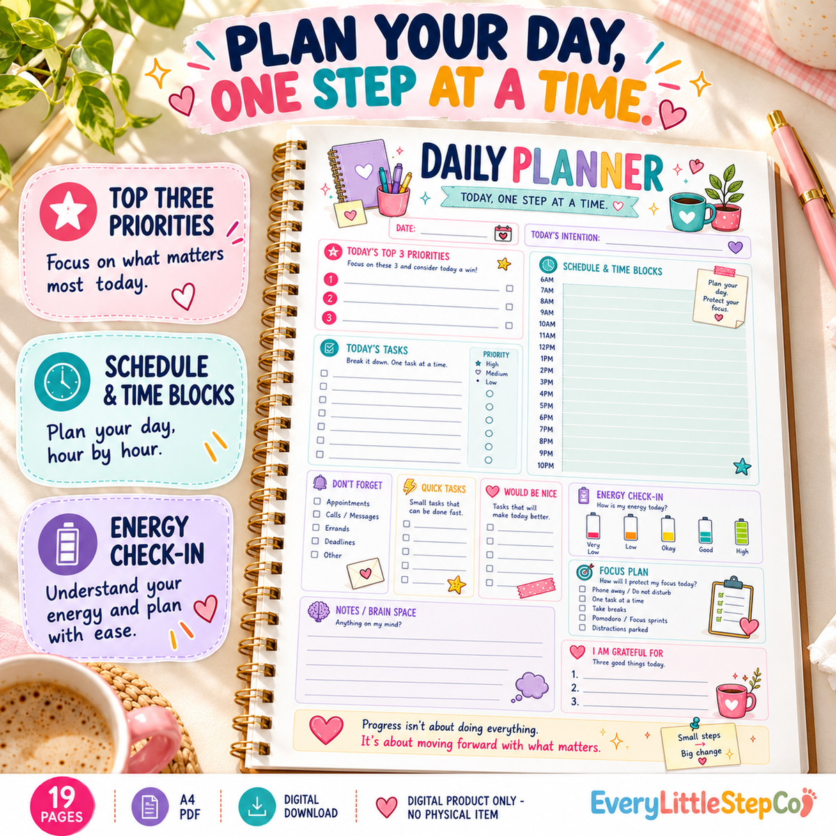 EveryLittleStepCo ADHD Focus Planner, 19 A4 printable pages, Lifestyle Hero; digital product only