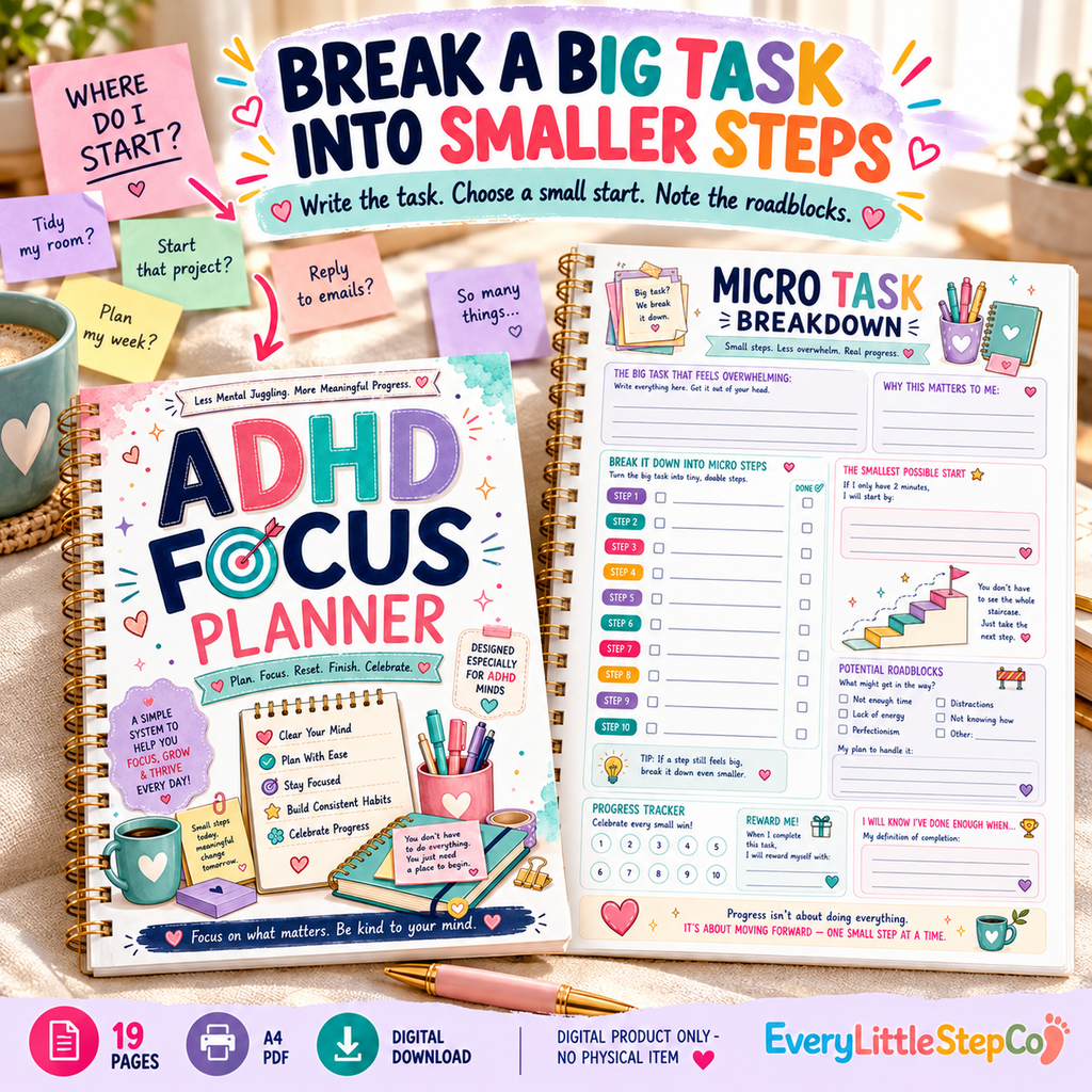 EveryLittleStepCo ADHD Focus Planner, 19 A4 printable pages, Problem to Solution; digital product only