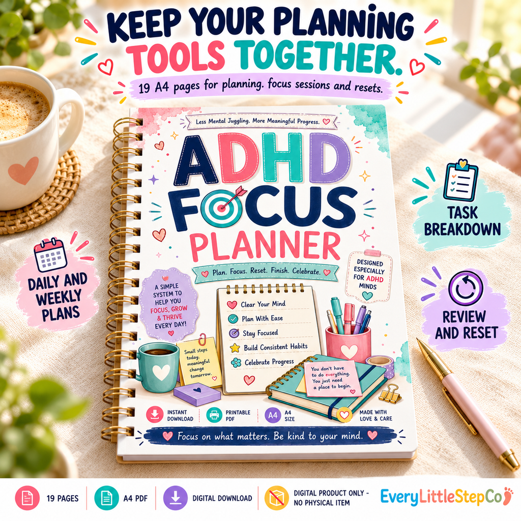 EveryLittleStepCo ADHD Focus Planner, 19 A4 printable pages, Premium Ring Binder Cover Feature; digital product only