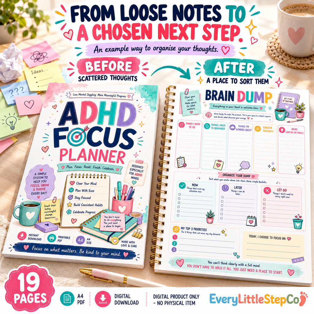 EveryLittleStepCo ADHD Focus Planner, 19 A4 printable pages, Before After Transformation Master; digital product only