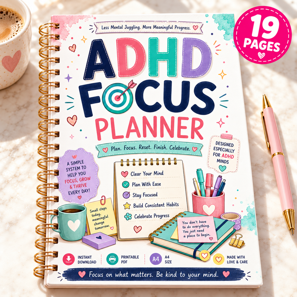 EveryLittleStepCo ADHD Focus Planner, 19 A4 printable pages, cover mockup; digital product only