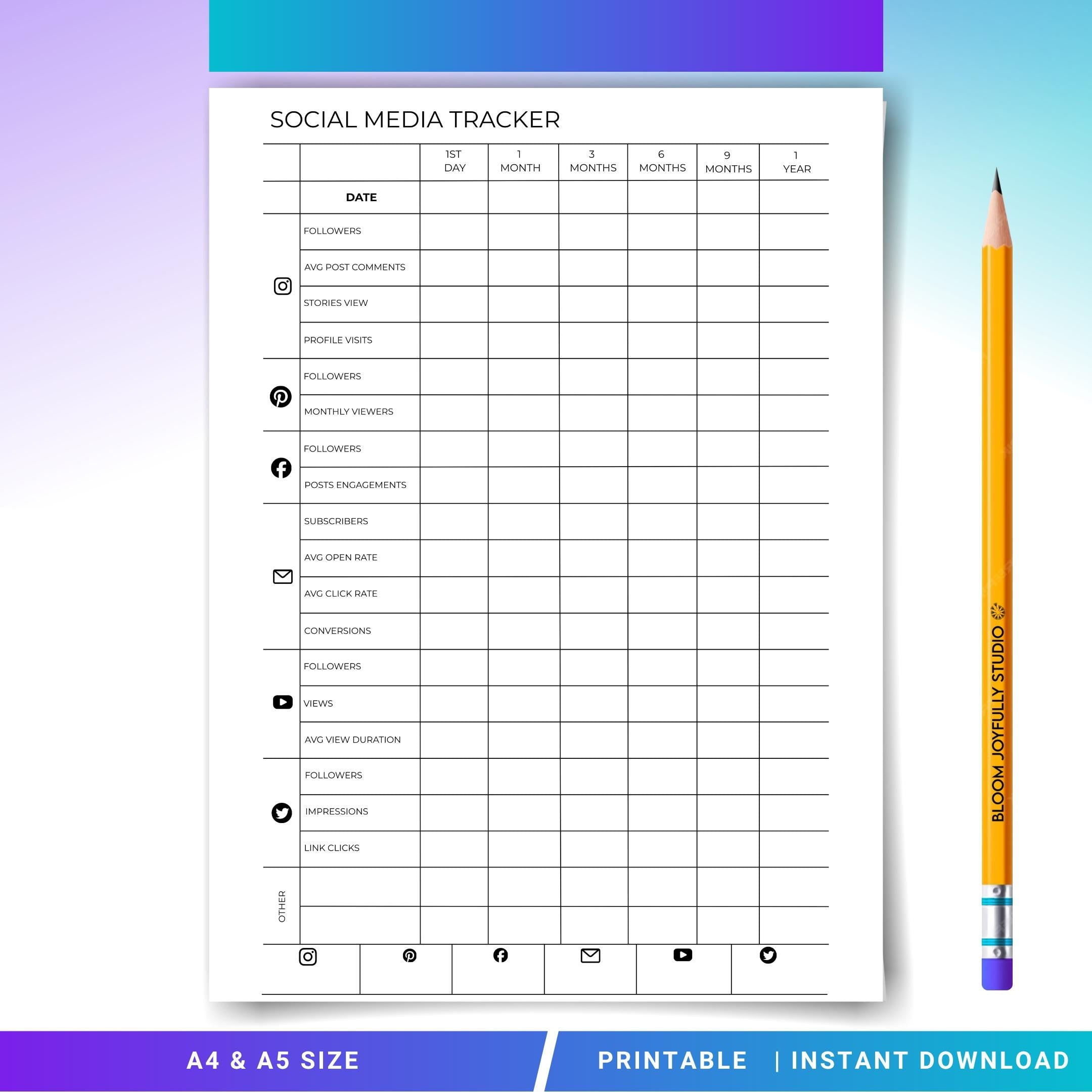 Analytics Tracker — Social Media Content Planner PRINTABLE, Content Planner for Instagram, Youtube, TikTok,... | Bloom Joyfully printable