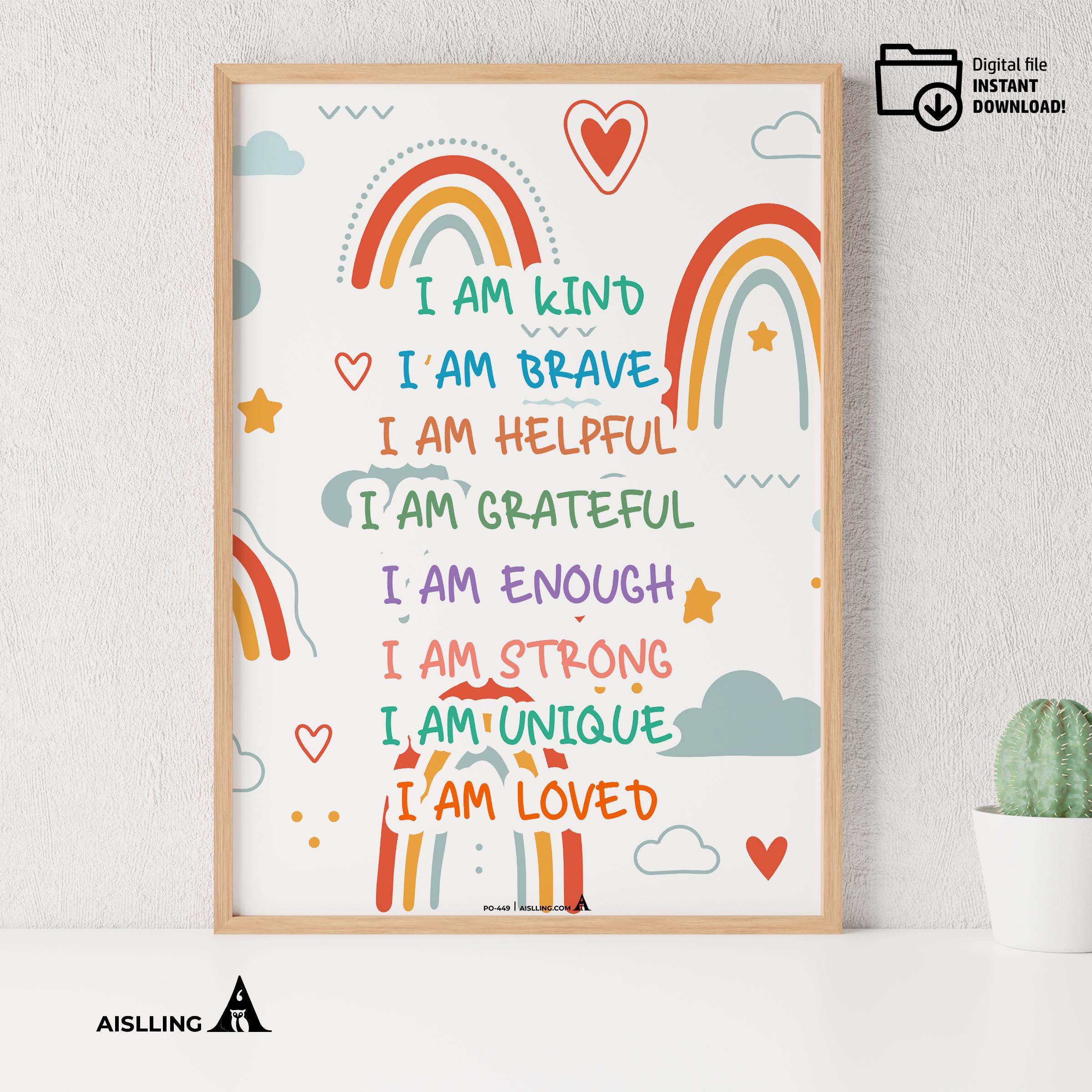 Calming Kit — inspirational quote I am Kind Smart Brave wall art positive affirmations digital prints empow... | Mindfulness printable