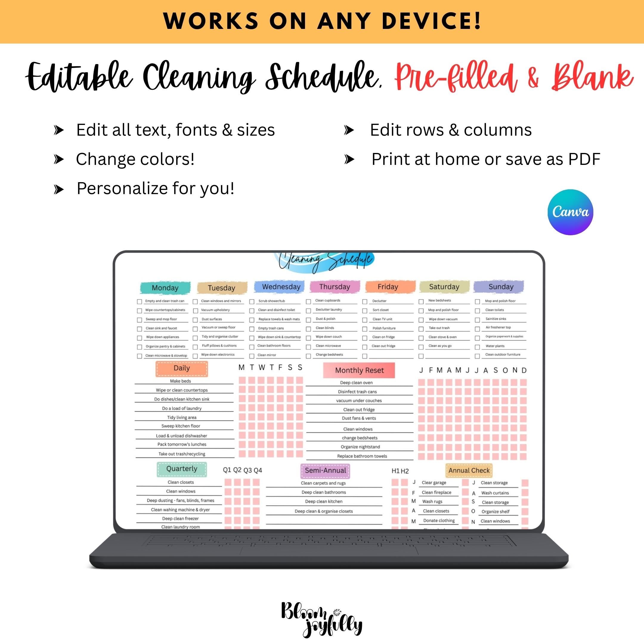 Cleaning Checklist — EDITABLE Cleaning Planner, Daily, Weekly & Monthly Checklist, Home Cleaning Planner Pr... | Bloom Joyfully printable