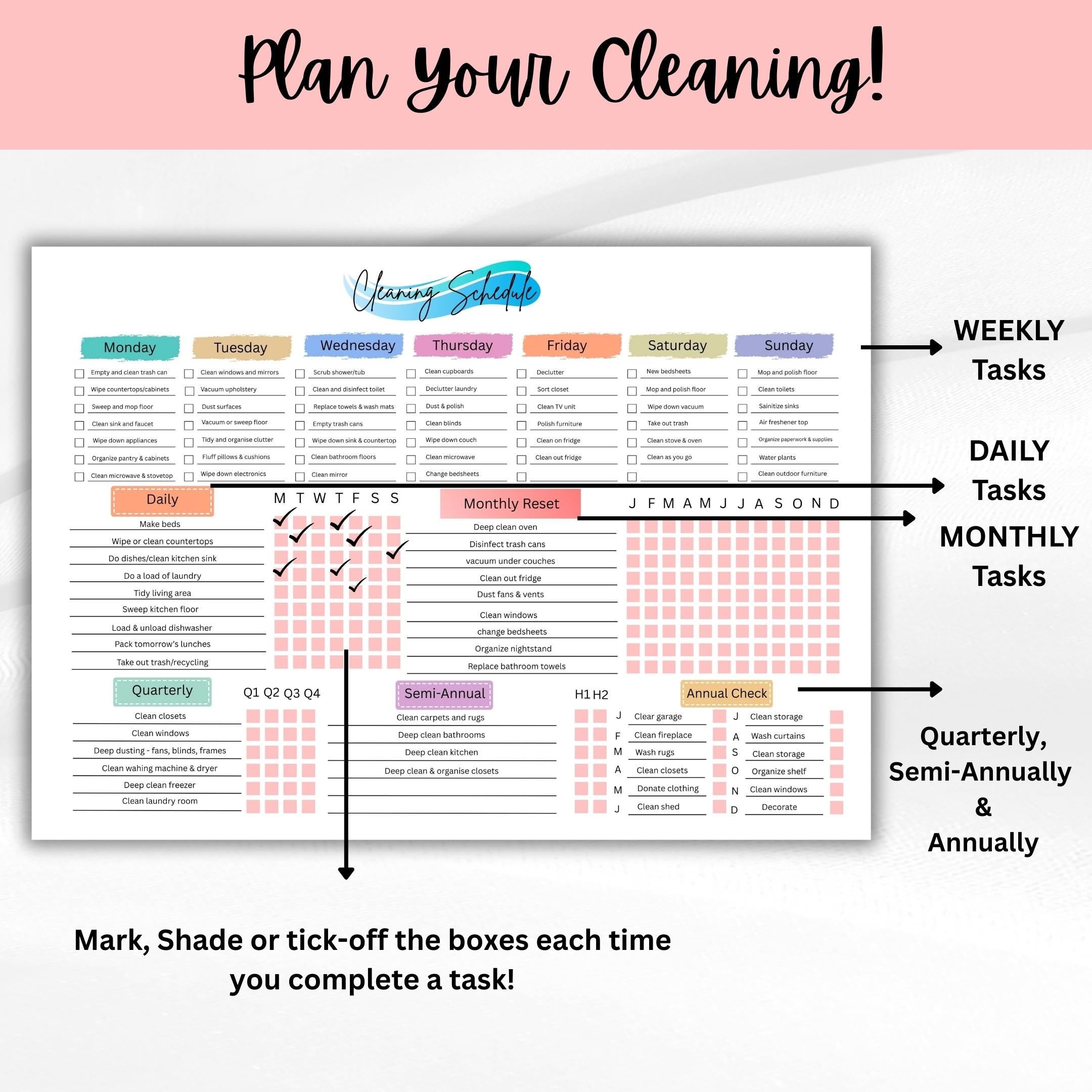 Cleaning Checklist — EDITABLE Cleaning Planner, Daily, Weekly & Monthly Checklist, Home Cleaning Planner Pr... | Bloom Joyfully printable