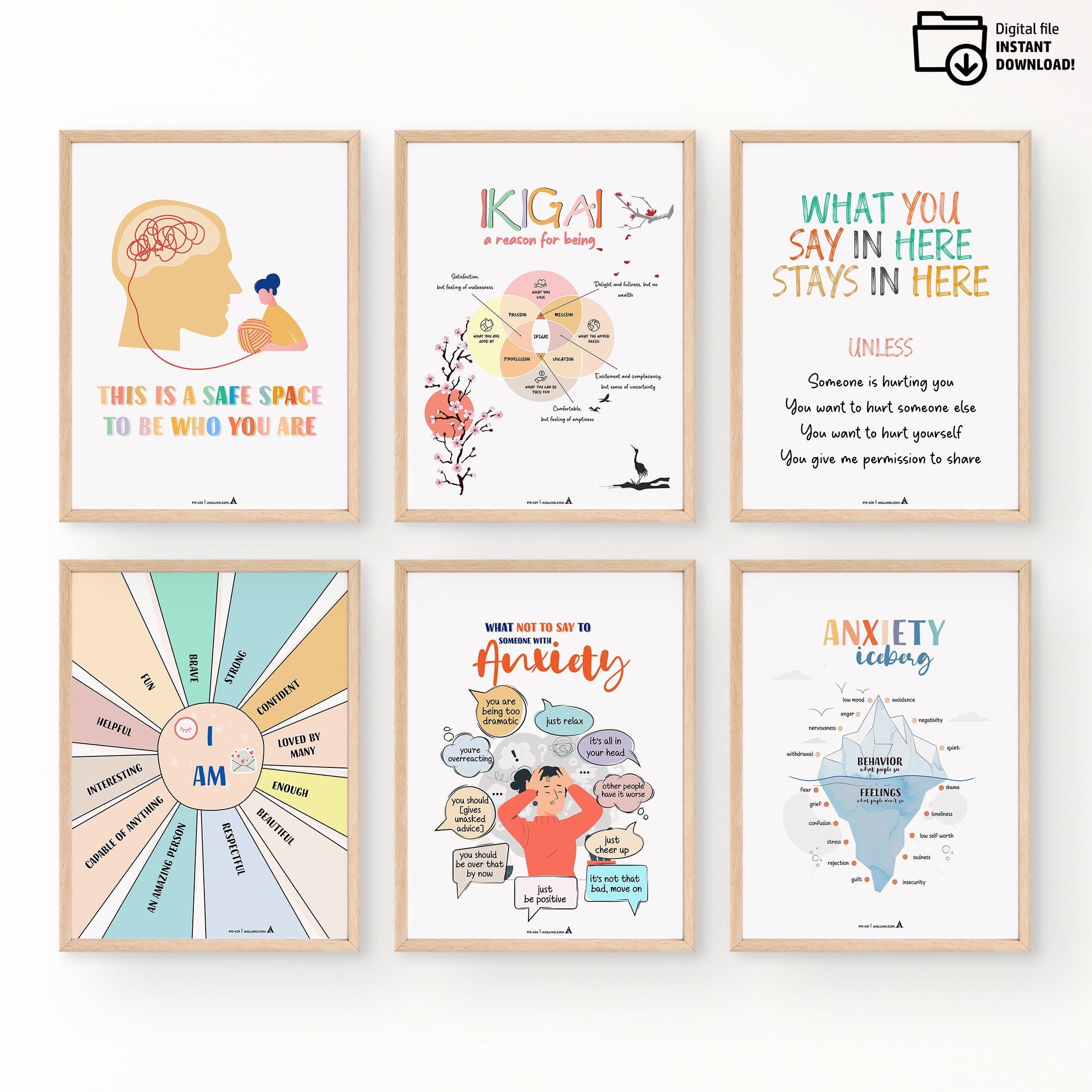 Aislling Design — Anxiety Poster set of 6, counselor sign bundle counseling poster bundle gift for therapis... | Mindfulness printable