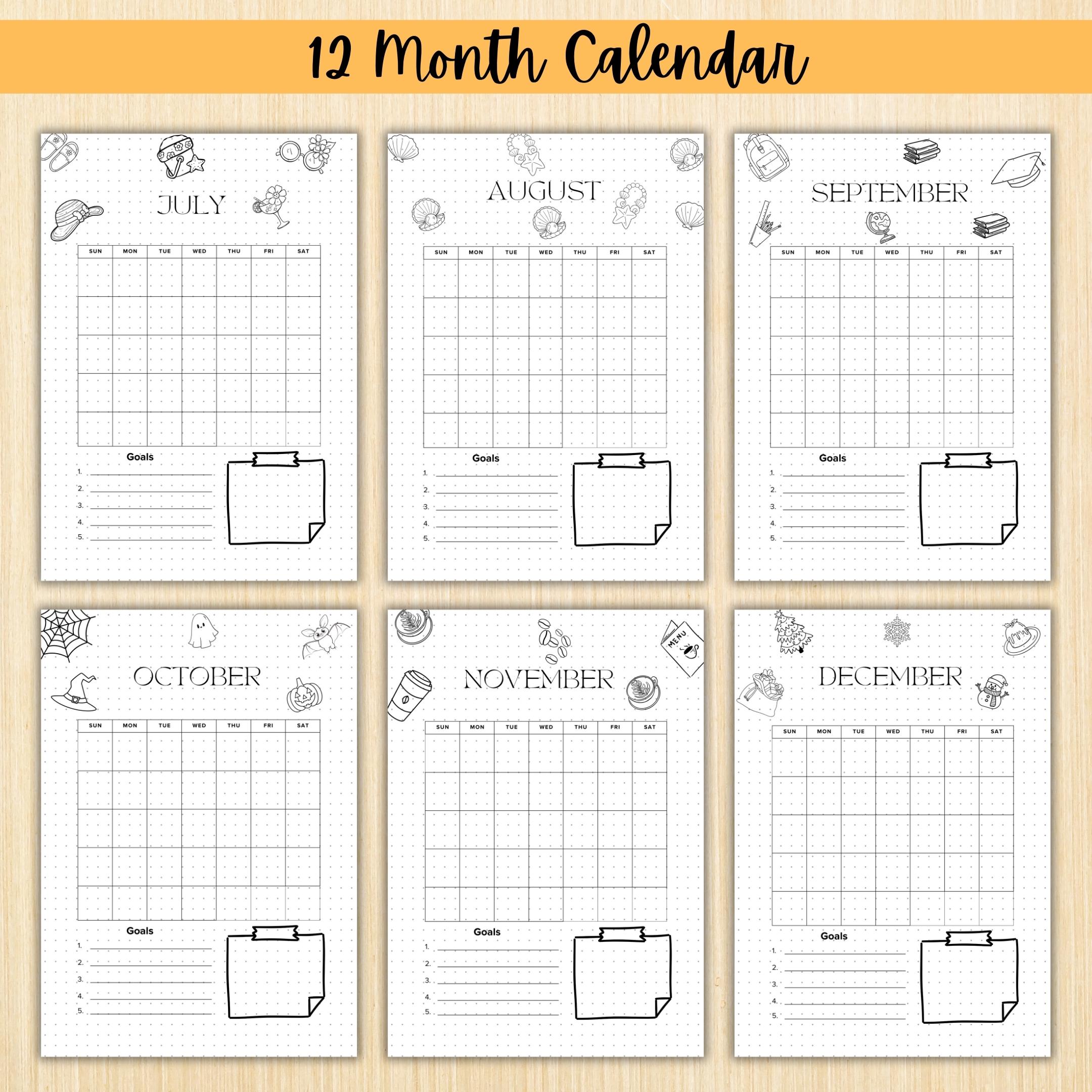 PRINTABLE 12 Month Calendar, Monthly Planner, Journal Calendar, PRINTABLE CALENDAR, Printable Digital Calen... | Bloom Joyfully printable