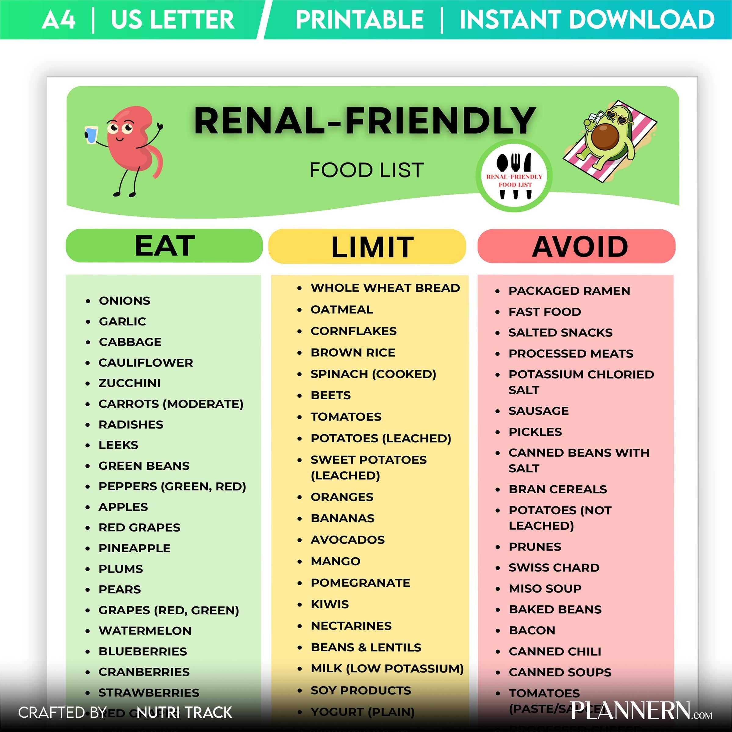 Ckd Diet Plan — Renal Friendly Food List Printable, Kidney, Friendly Food Chart, Renal Diet Grocery List, L... | Nutri Track printable