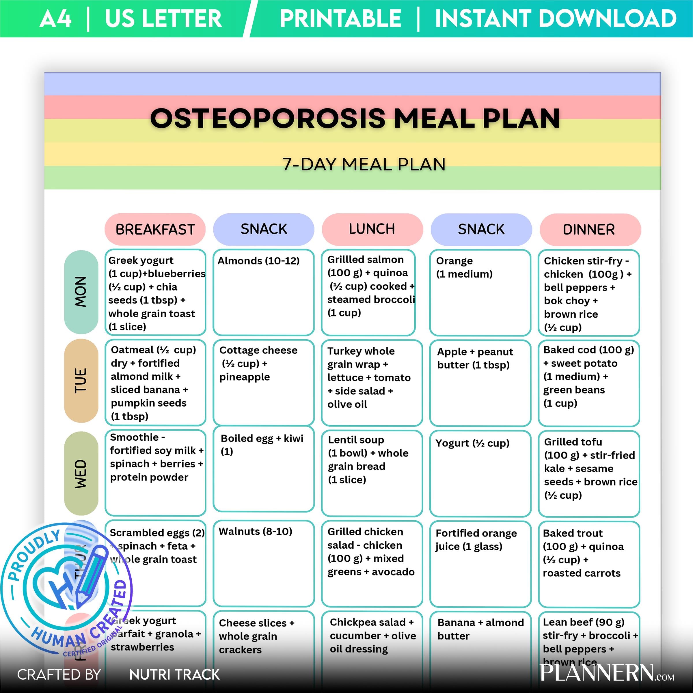 Osteoporosis 7 Day Meal Plan, Bone Health Diet Plan, Calcium Rich Weekly Menu, Osteoporosis Weekly Menu & G... | Nutri Track printable