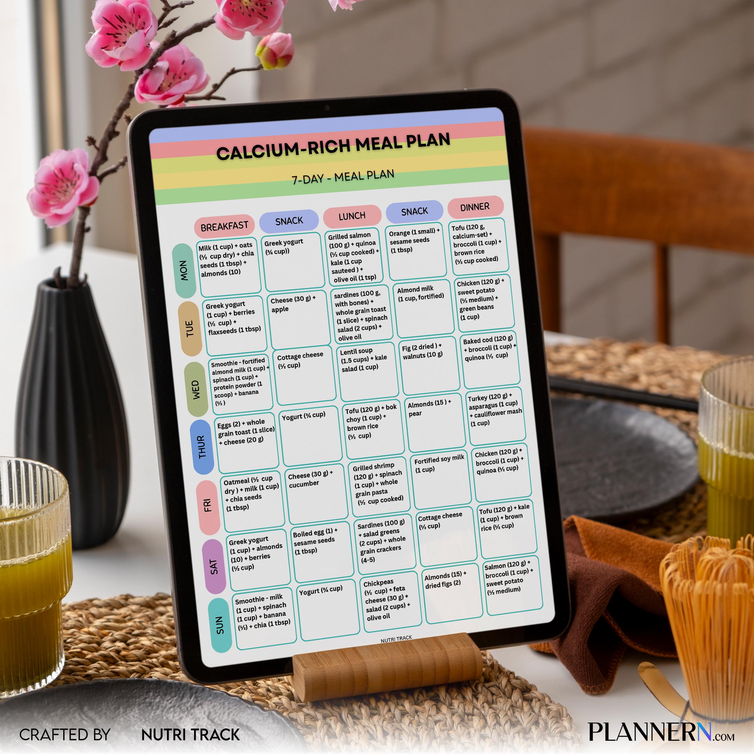 Calcium Rich 7 Day Meal Plan, Bone Health Diet Plan, Printable Weekly Menu, Healthy Eating PDF, Calcium Ric... | Nutri Track printable
