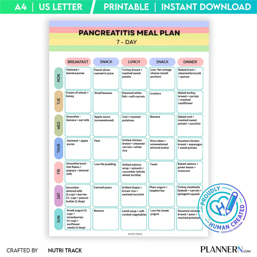 7 Day Meal Plan — Pancreatitis Meal Plan 7 Day Printable, Pancreas Friendly Diet Plan, Pancreatitis Weekly ... | Nutri Track printable
