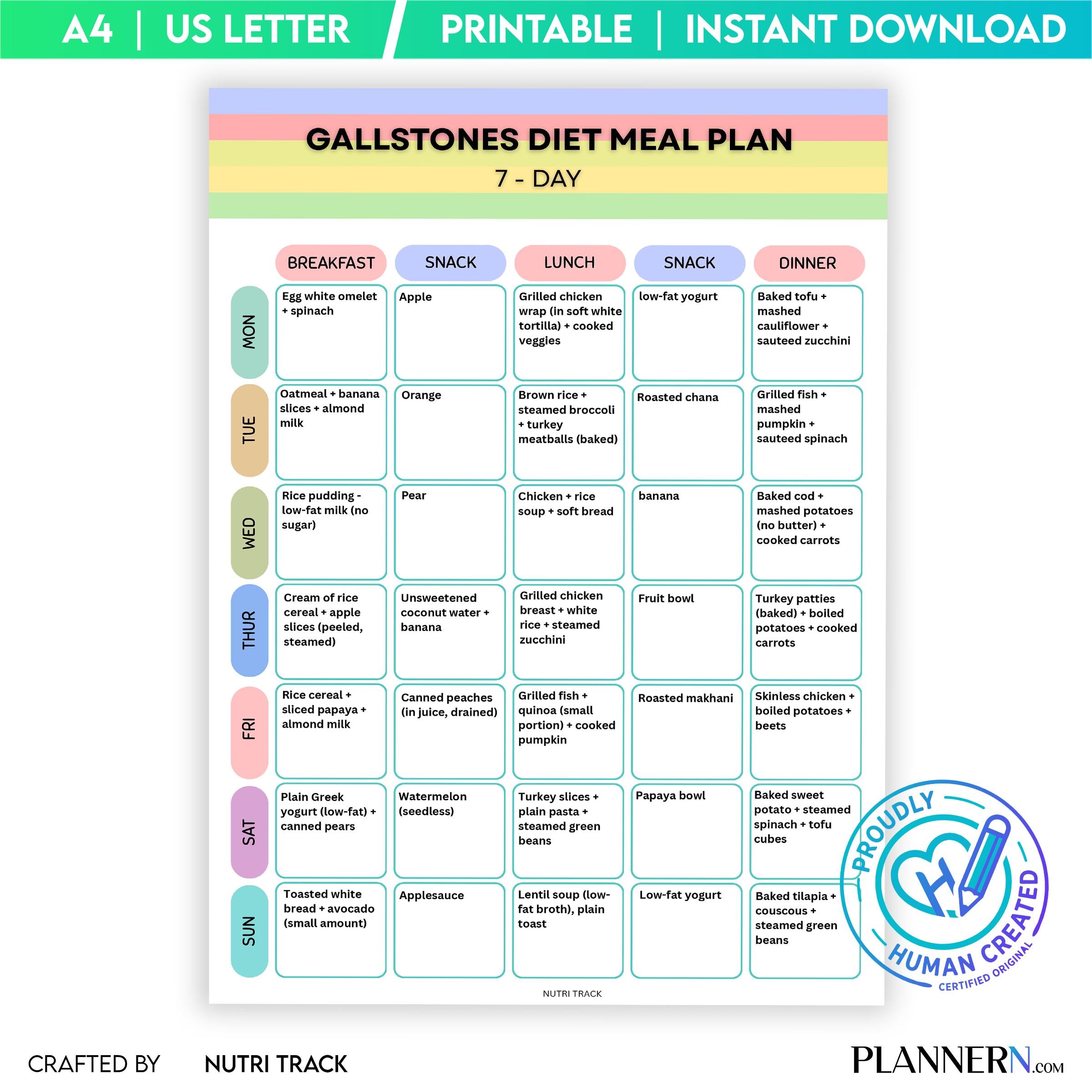 7 Day Meal Plan — Gallstone Diet Plan 7 Day Printable, Gallbladder Friendly Meal Plan, Gallstone Meal Plann... | Nutri Track printable