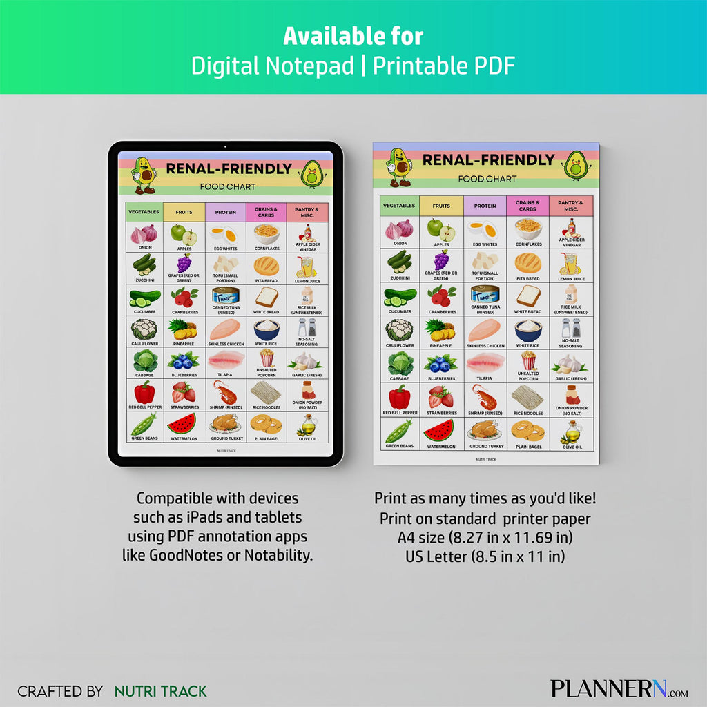Food List Pdf — Renal Friendly Food Chart Printable, Kidney, Friendly Food List, Real Diet Foods to Eat & A... | Nutri Track printable