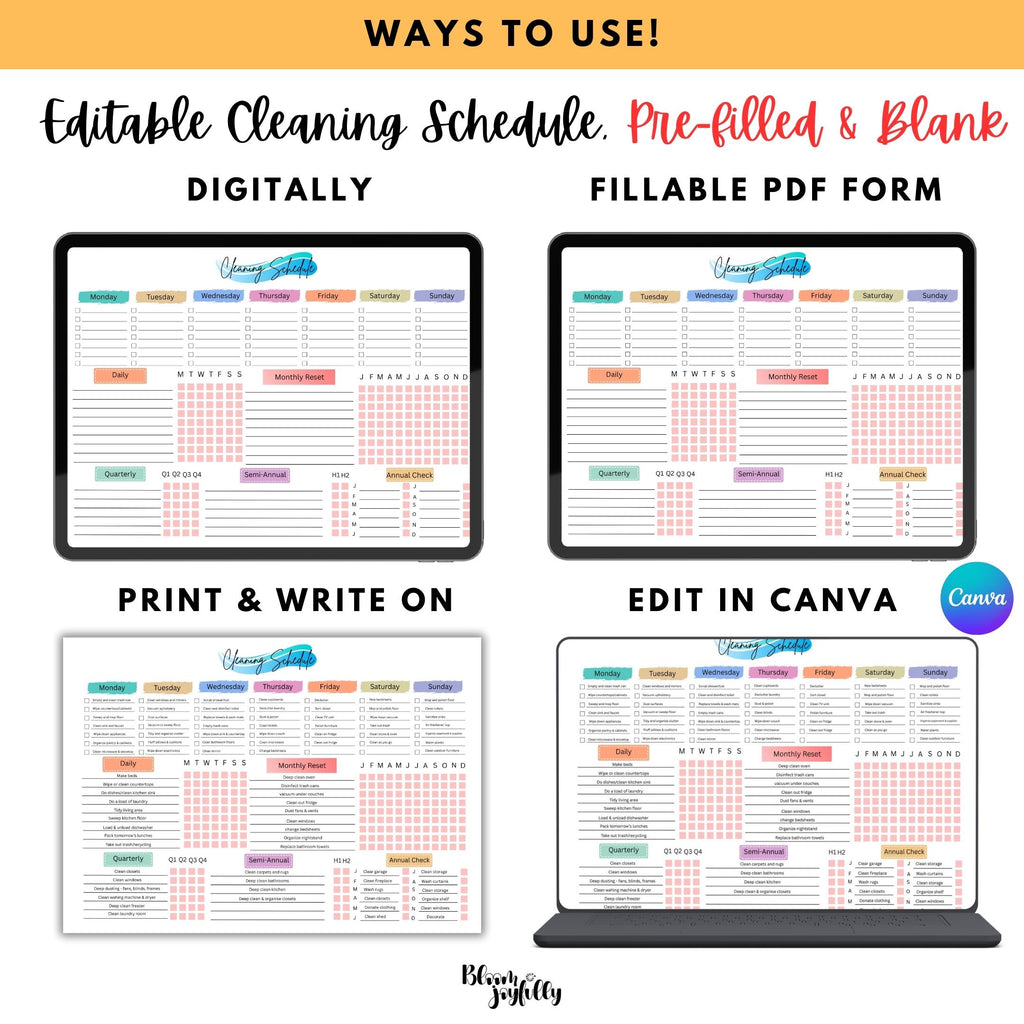 Cleaning Checklist — EDITABLE Cleaning Planner, Daily, Weekly & Monthly Checklist, Home Cleaning Planner Pr... | Bloom Joyfully printable