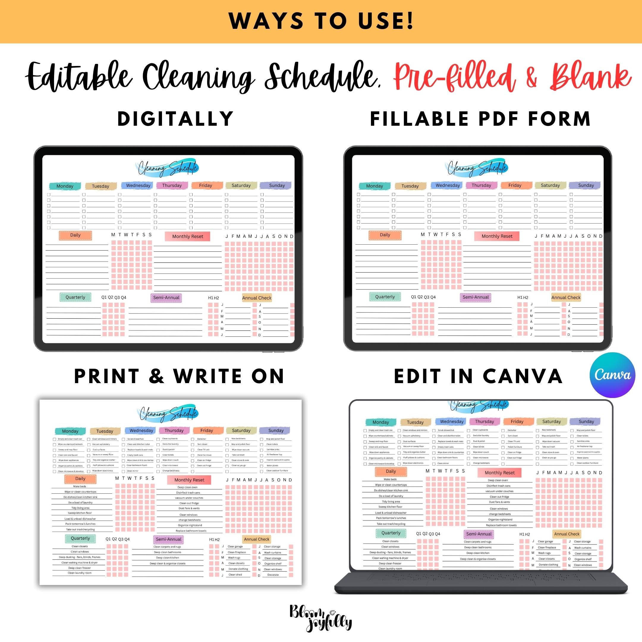 Cleaning Checklist — EDITABLE Cleaning Planner, Daily, Weekly & Monthly Checklist, Home Cleaning Planner Pr... | Bloom Joyfully printable