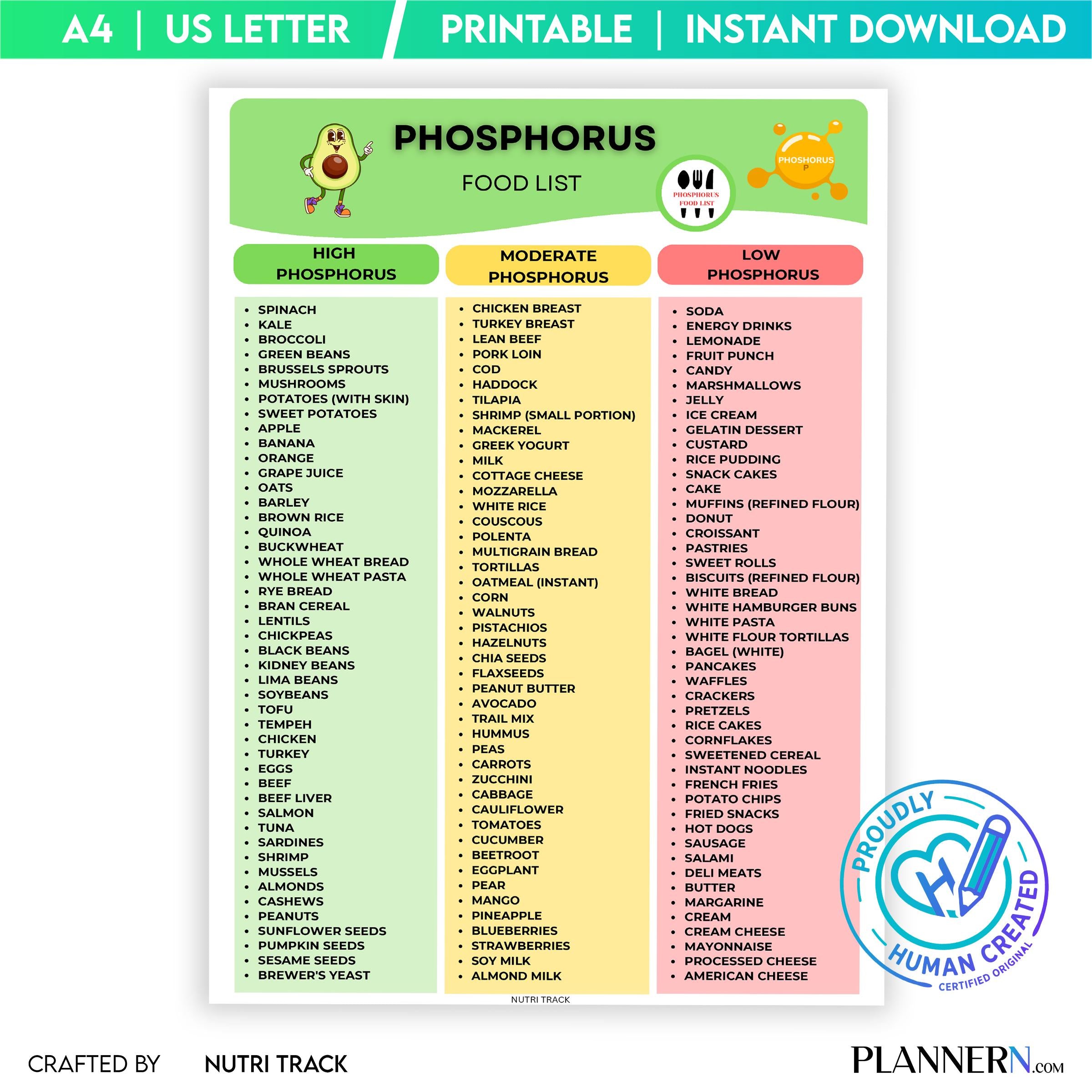 Digital Download — Phosphorus Food List Printable, Phosphorus Rich Foods Chart, Mineral Food Guide, Healthy... | Nutri Track printable