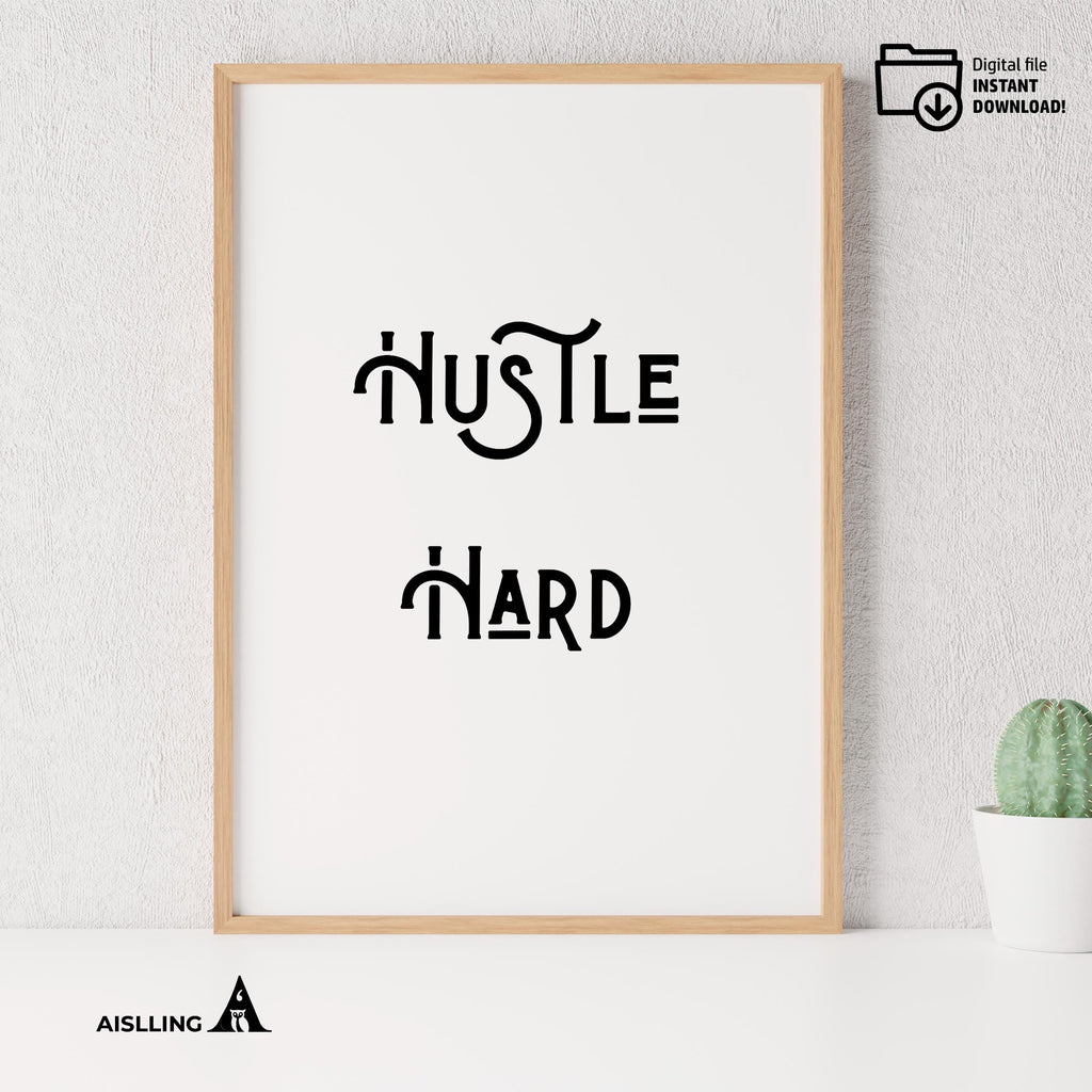 Boho Typography Wall — Hustle Hard Pastel Quote Print: Motivational Office Decor (Digital Download | Mindfulness printable