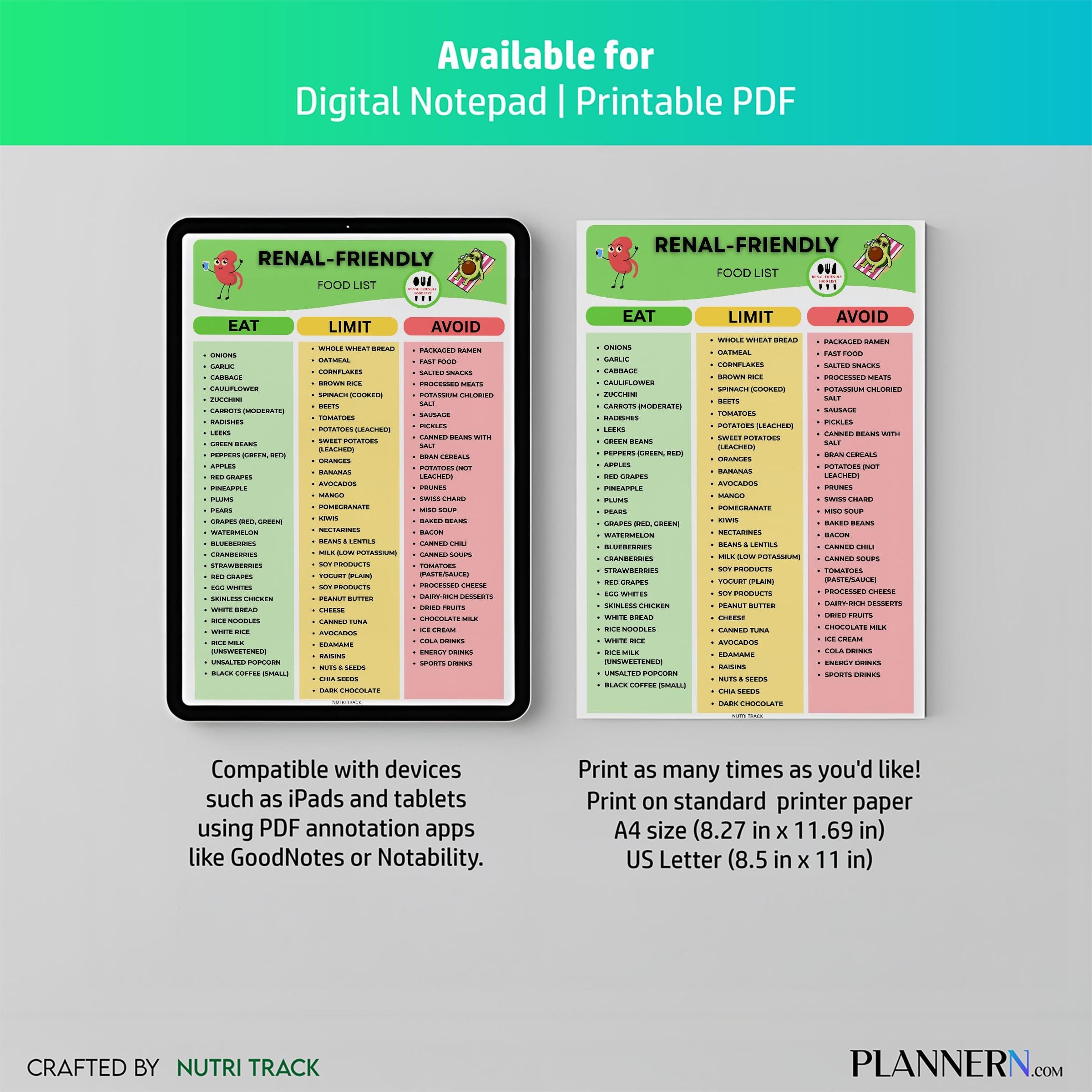 Ckd Diet Plan — Renal Friendly Food List Printable, Kidney, Friendly Food Chart, Renal Diet Grocery List, L... | Nutri Track printable