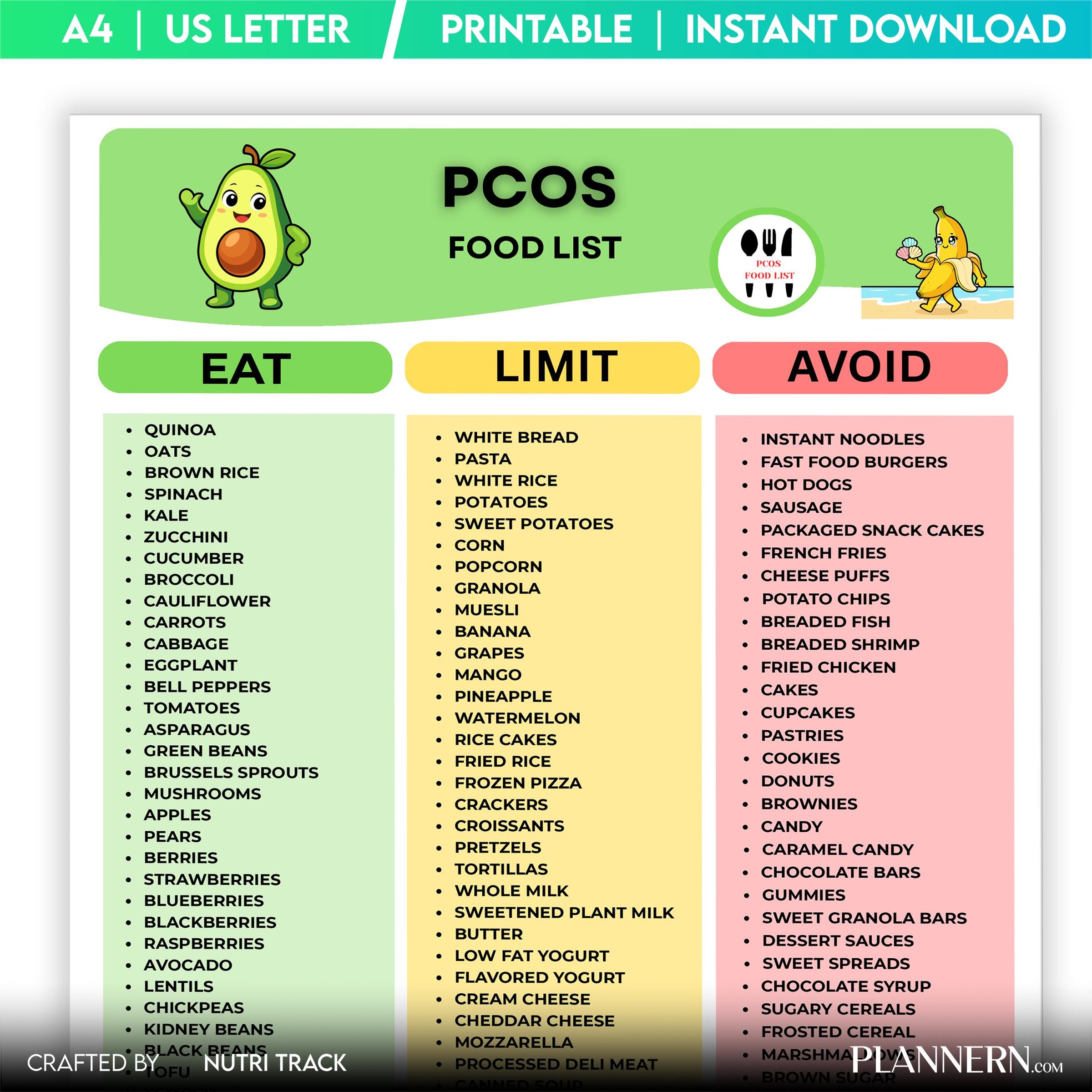 Diet Printable — PCOS Diet Food List Printable, Foods to Eat & Avoid for PCOS, Hormone Balance Nutrition Fo... | Nutri Track printable