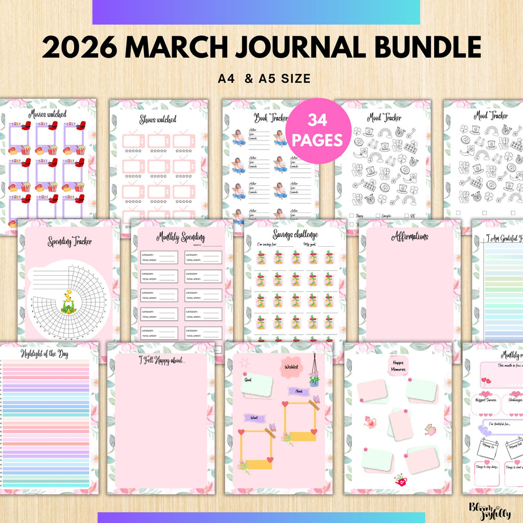 Digital Planner — MARCH Planner Bundle, Habit Tracker, Saving Planner, Mental Health, Gratitude, Mood Track... | Mindfulness printable