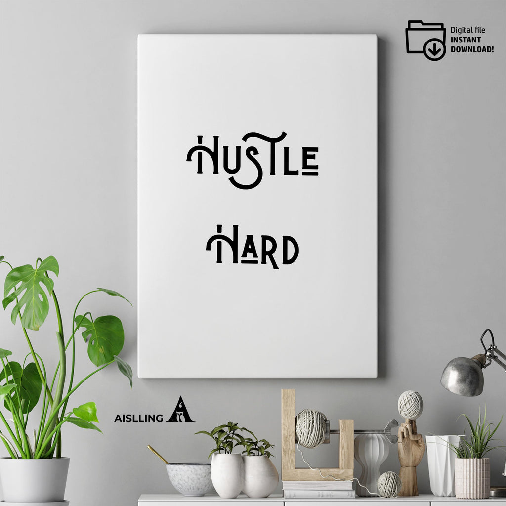 Boho Typography Wall — Hustle Hard Pastel Quote Print: Motivational Office Decor (Digital Download | Mindfulness printable