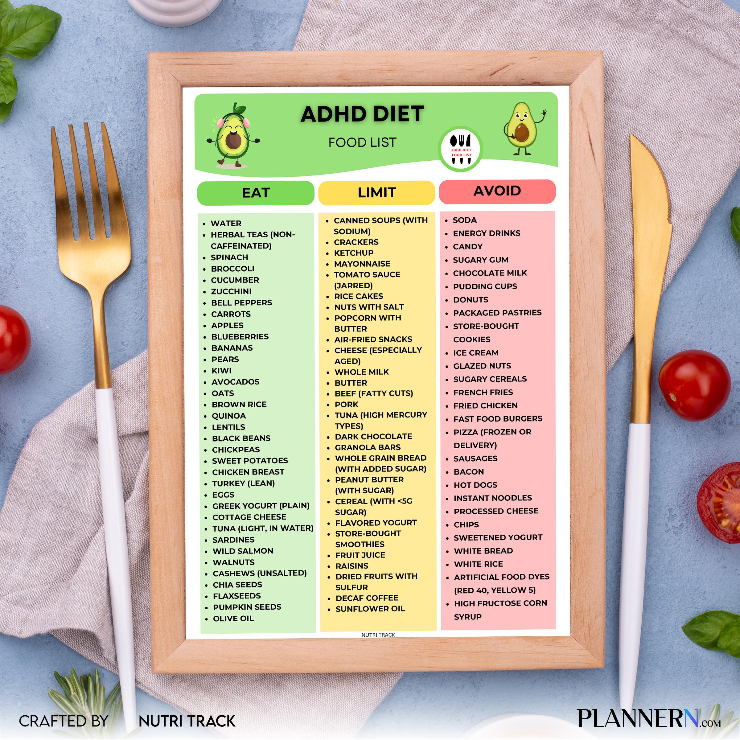 Adhd Diet — ADHD Food List Printable, Brain Healthy Foods Chart, Focus Friendly Nutrition Guide, ADHD Diet ... | Nutri Track printable
