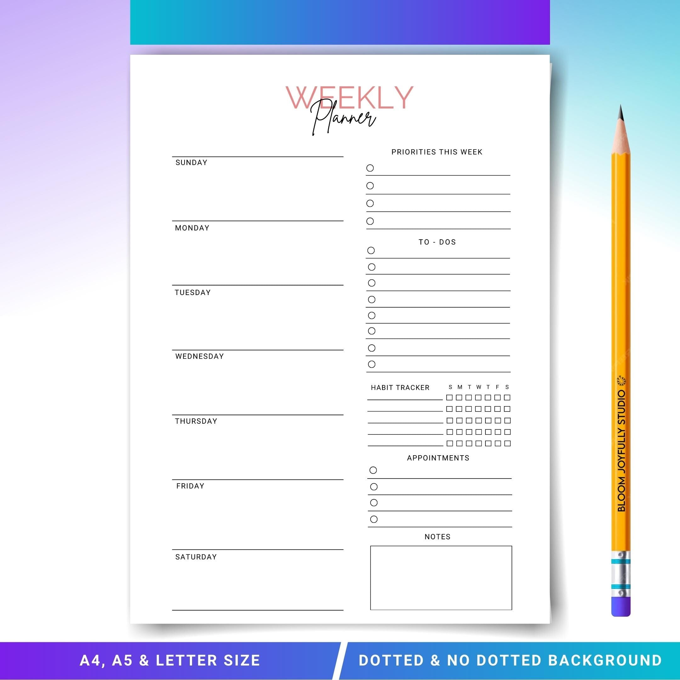Digital Planner — Minimalist Weekly Planner PRINTABLE, Weekly To Do List, Weekly Habit Tracker, Weekly Goal... | Bloom Joyfully printable