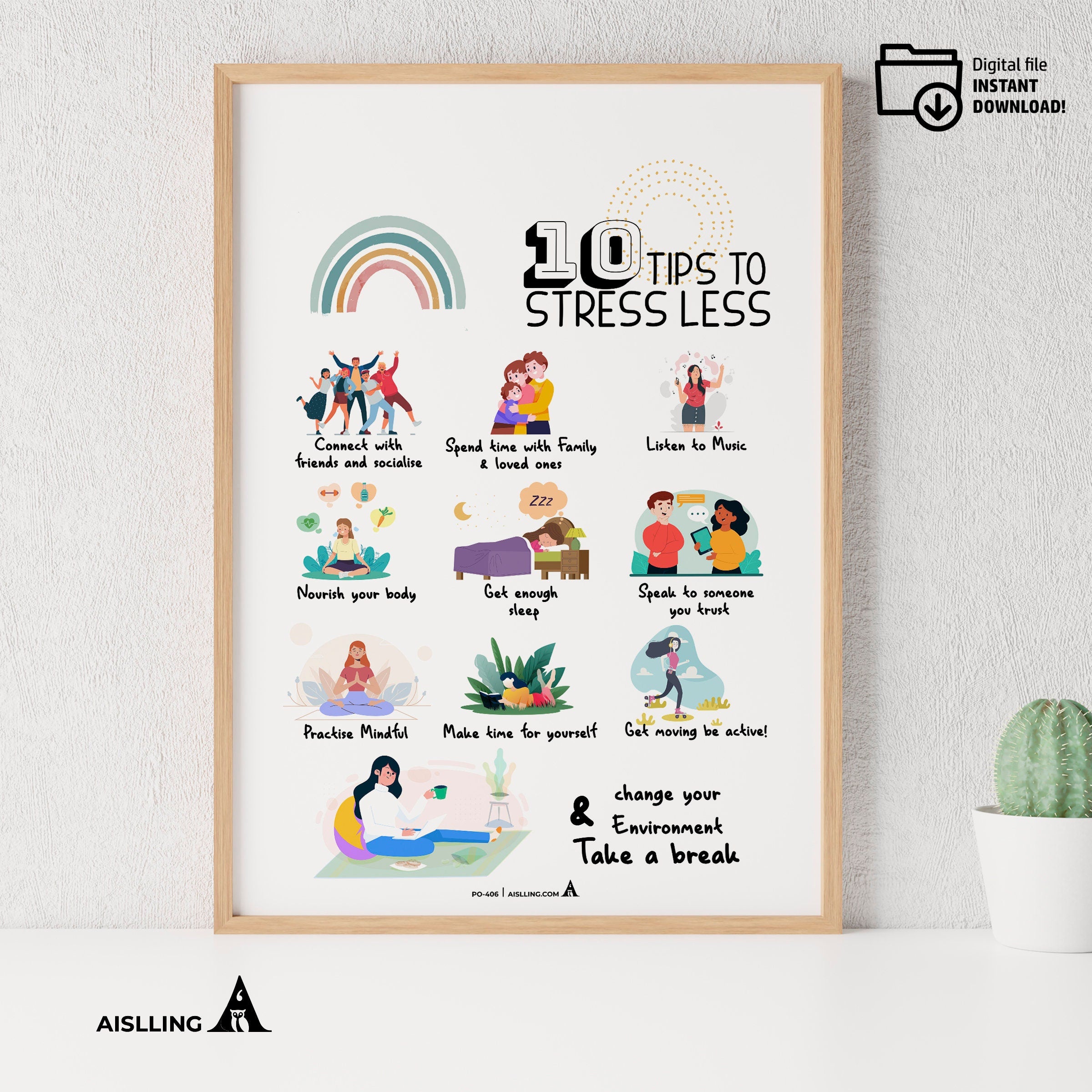 Act — 10 Tips To Stress Less poster, self, esteem, respect, couples therapy, therapy office decor, therapy ... | Mindfulness printable