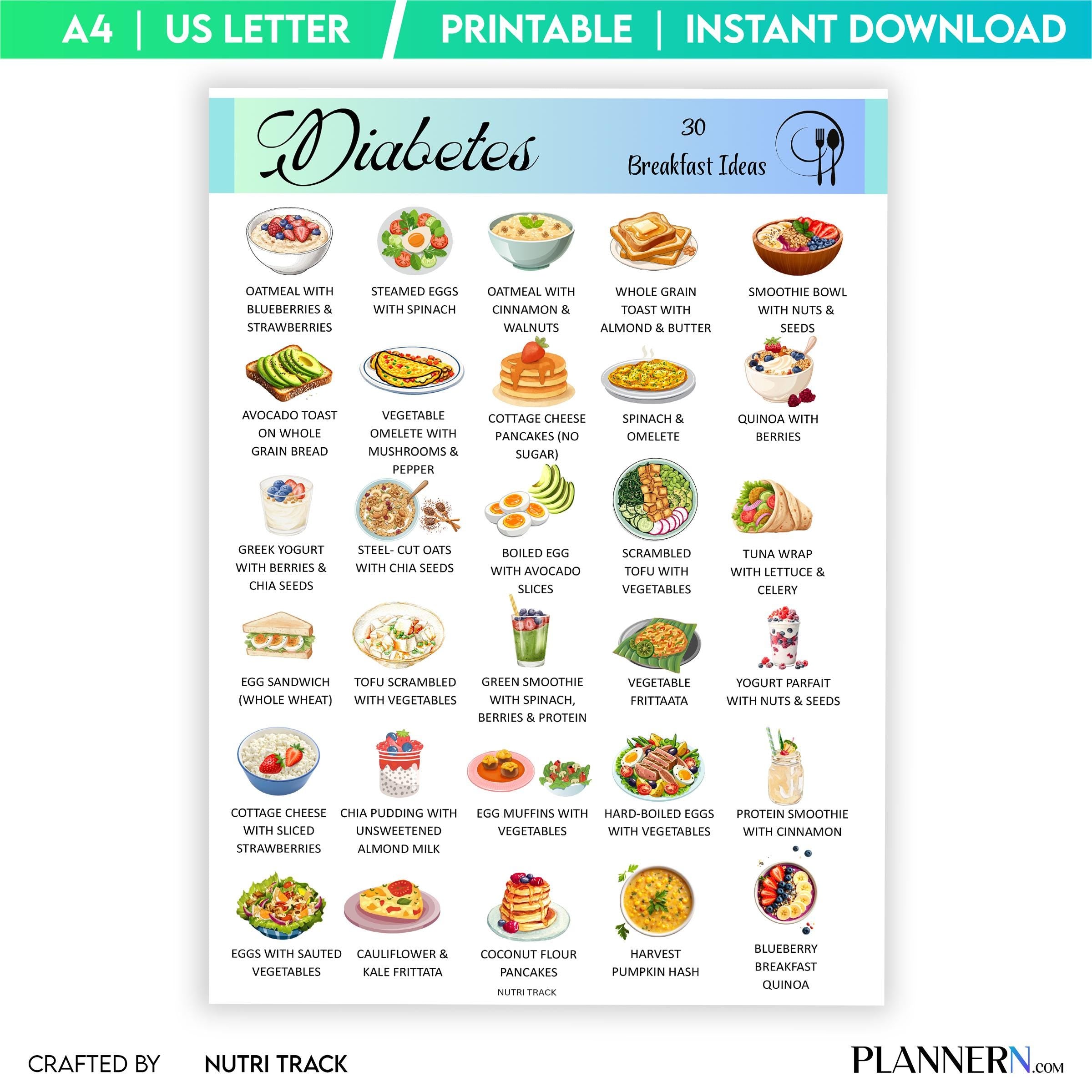 Blood Sugar Control — 30 Diabetes Breakfast Ideas, Low Sugar Breakfast Printable PDF, Blood Sugar Friendly ... | Nutri Track printable
