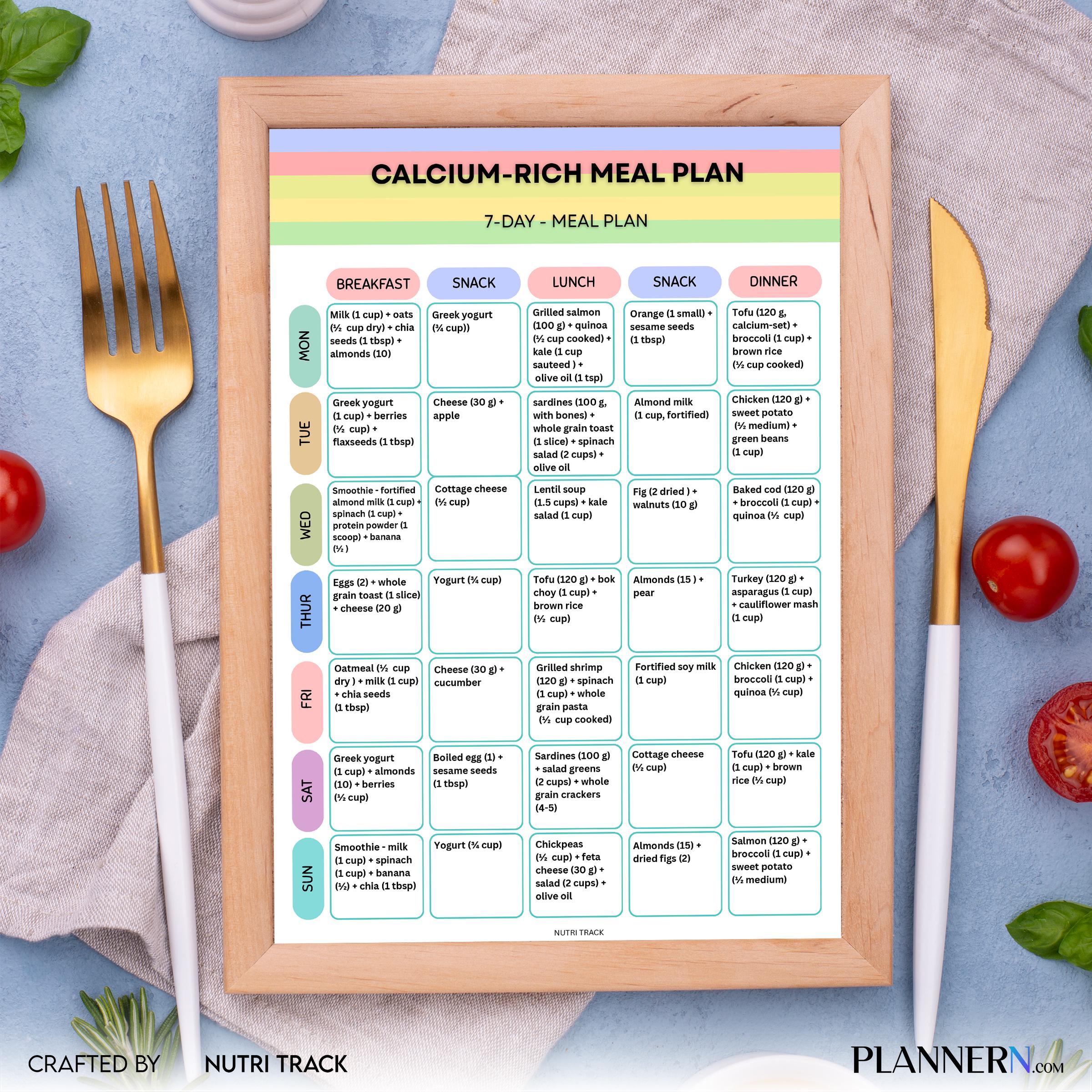 Calcium Rich 7 Day Meal Plan, Bone Health Diet Plan, Printable Weekly Menu, Healthy Eating PDF, Calcium Ric... | Nutri Track printable