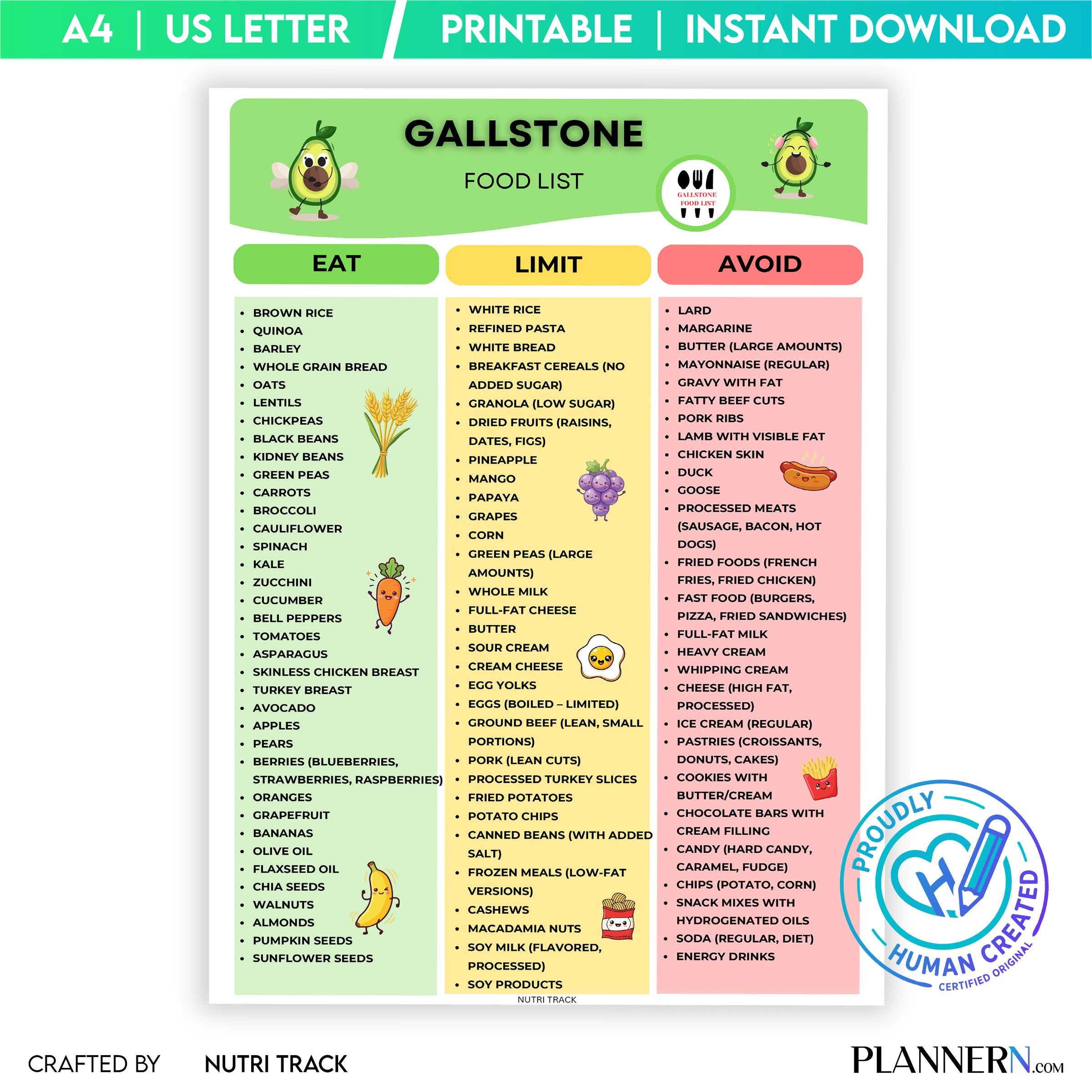 Diet Printable — Gallstone Food List Printable, Gallbladder Diet Food Chart, Low Fat Foods Guide, Digestive... | Nutri Track printable