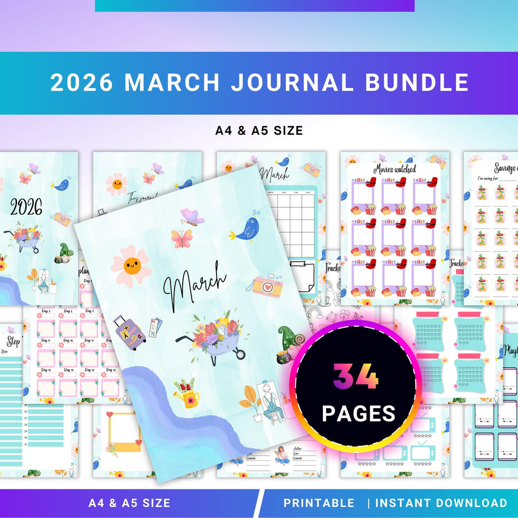 Digital Planner — MARCH Planner Bundle, Habit Tracker, Spring Planner, Mental Health, Gratitude, Mood Track... | Mindfulness printable