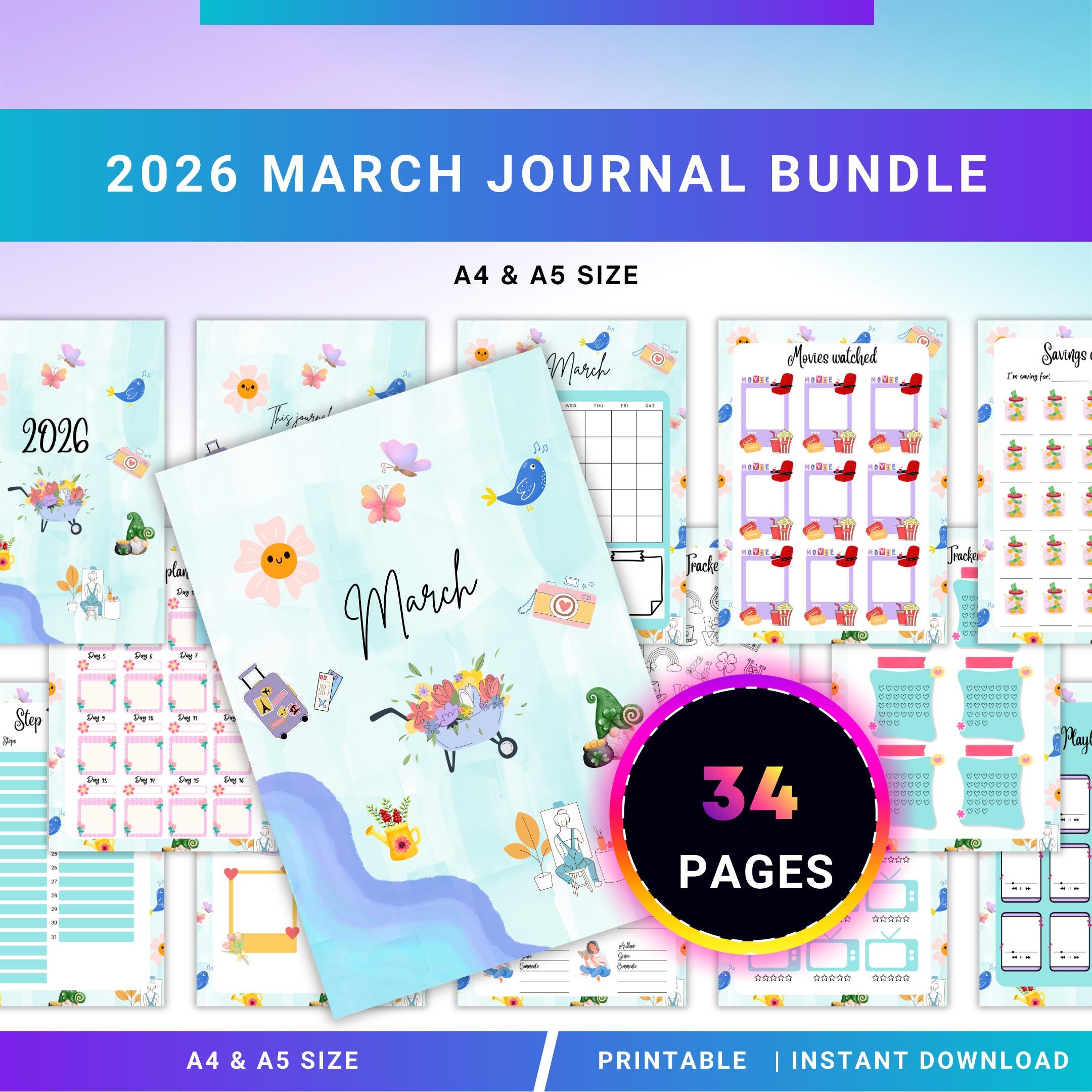 Digital Planner — MARCH Planner Bundle, Habit Tracker, Spring Planner, Mental Health, Gratitude, Mood Track... | Mindfulness printable