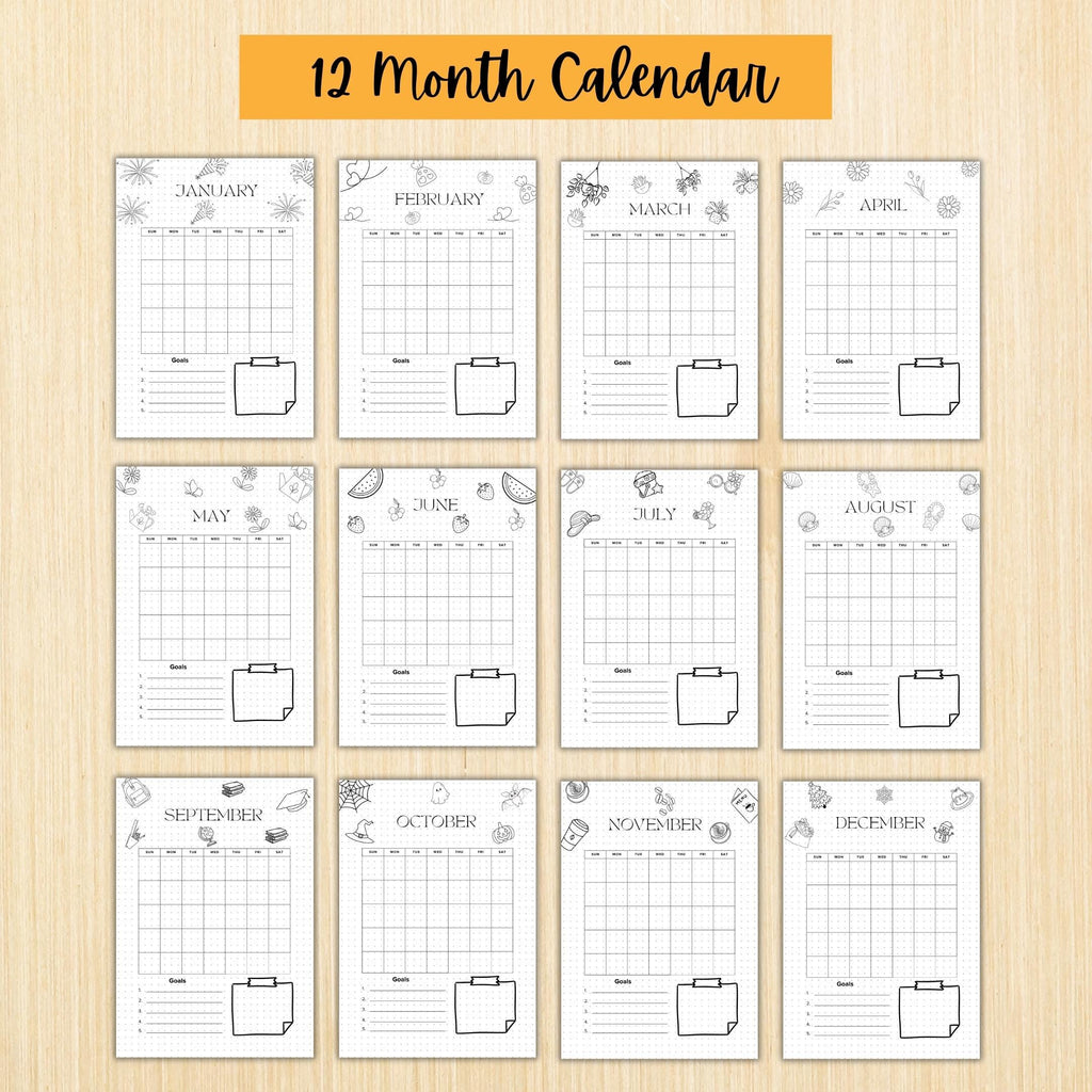 PRINTABLE 12 Month Calendar, Monthly Planner, Journal Calendar, PRINTABLE CALENDAR, Printable Digital Calen... | Bloom Joyfully printable