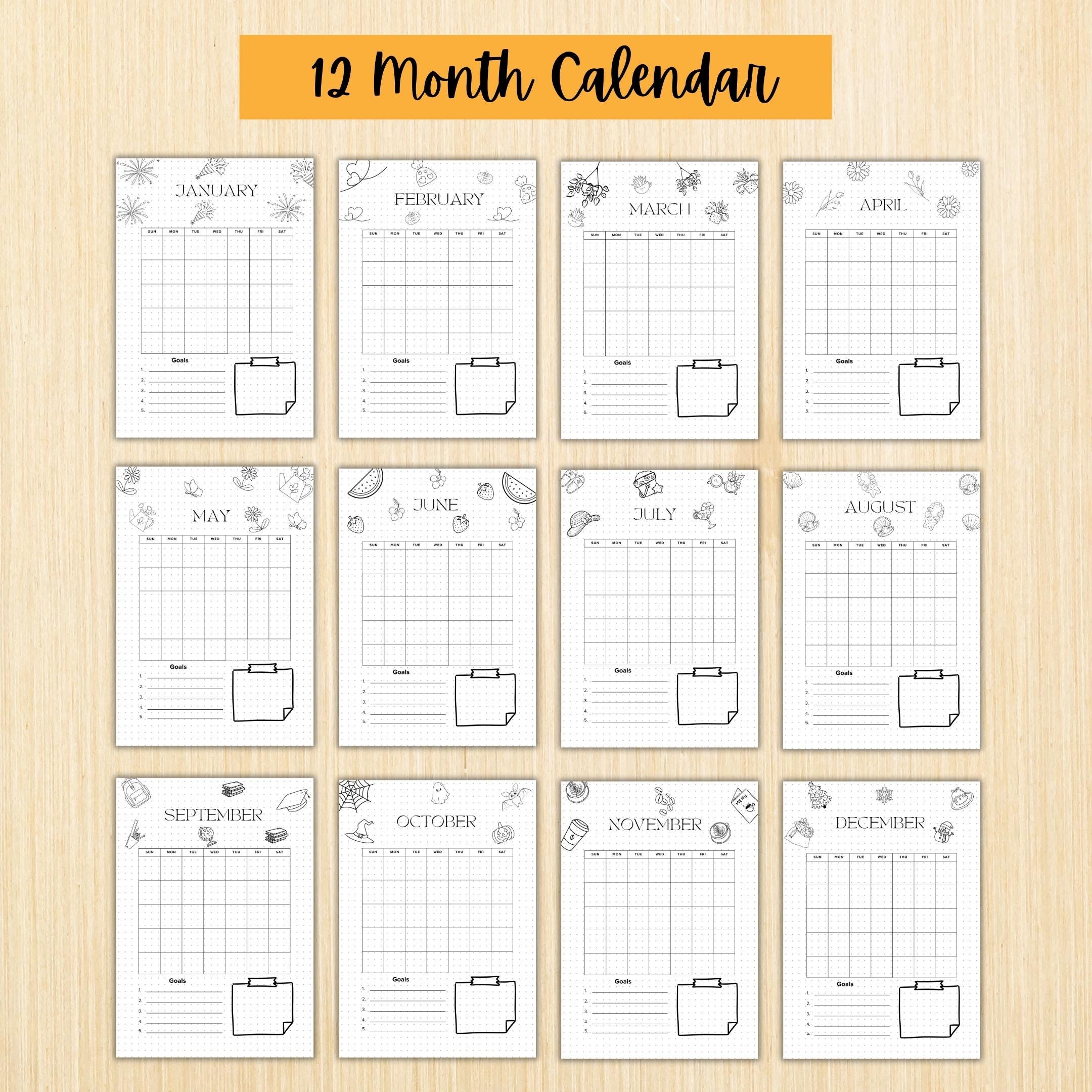 PRINTABLE 12 Month Calendar, Monthly Planner, Journal Calendar, PRINTABLE CALENDAR, Printable Digital Calen... | Bloom Joyfully printable