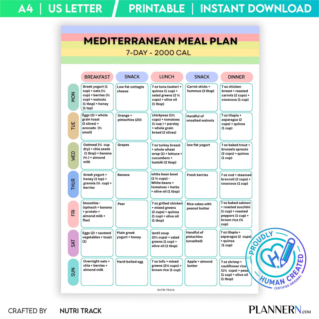 2000 Calorie — Mediterranean 7 Day Meal Plan (2000 Calorie) Printable, Mediterranean healthy Meal Plan & Gr... | Nutri Track printable