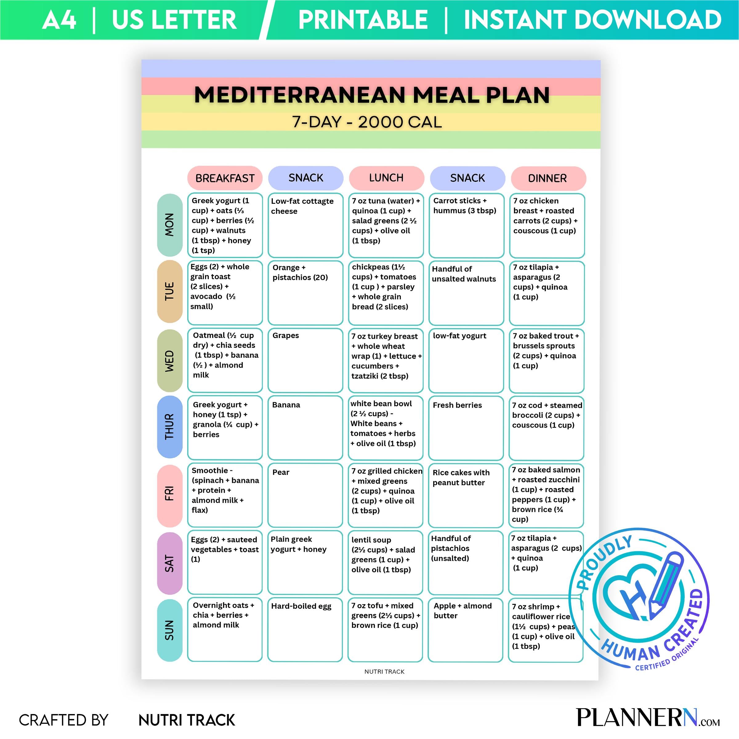 2000 Calorie — Mediterranean 7 Day Meal Plan (2000 Calorie) Printable, Mediterranean healthy Meal Plan & Gr... | Nutri Track printable